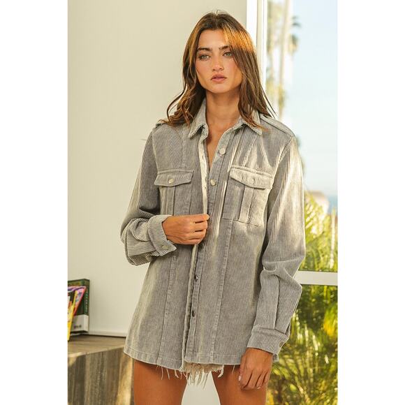 BiBi Button Up Long Sleeves Chest Pockets Relaxed Fit Corduroy Shacket | Grey - Picture 3 of 9